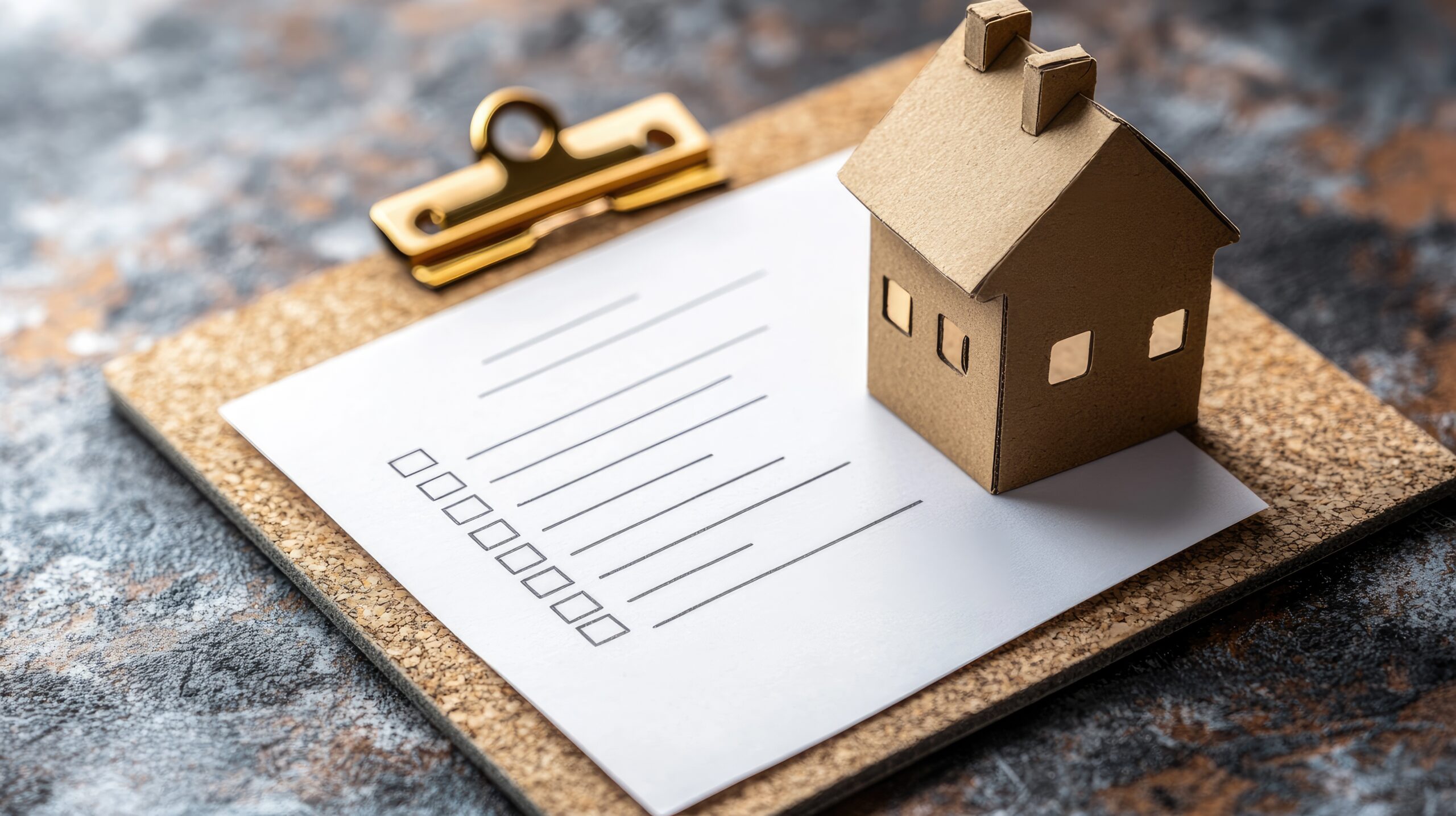 Clipboard with checklist and miniature cardboard house
